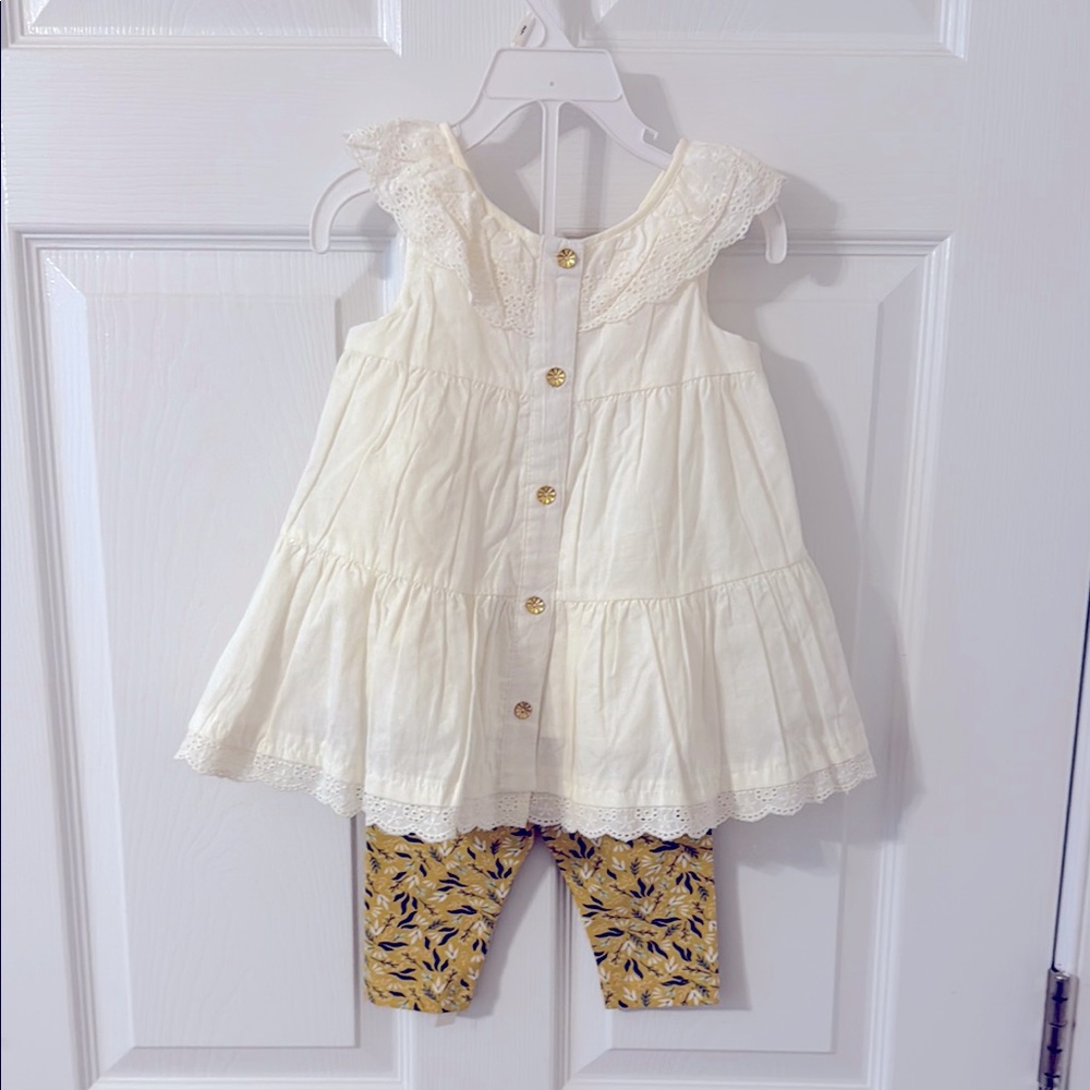 White Lace Dress with Yellow Floral Leggings